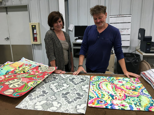Katharine Dotterer Picking out designs for Brentwood Textiles